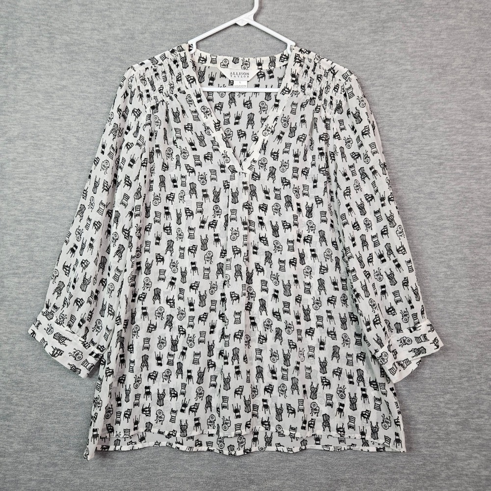 Allison Taylor Women Black White Chair Print V-Neck Blouse Top Large 3/4 Sleeve